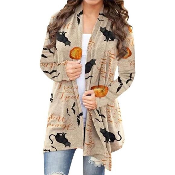 Women's Halloween Cat & Pumpkin Cardigan – Long Sleeve, Open Front Knit Sweater - Picture 1 of 5